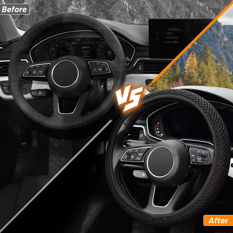 KAFEEK Elastic Stretch Steering Wheel Cover,Warm in Winter and Cool in Summer, Universal 15 Inch, Microfiber Breathable Ice Silk, Anti-Slip, Black