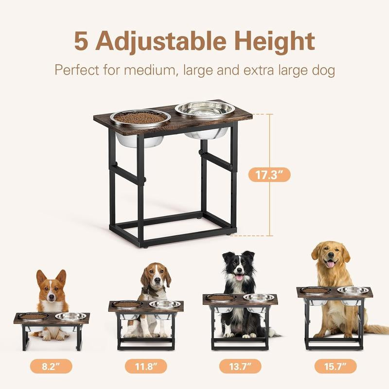 DENKEE Elevated Dog Bowls for Large Dogs, 2 Thick Stainless Steel Bowls, 2200Ml, 5 Adjustable Heights (8.2'' - 17.3''), X-Large Dog Bowls Elevated