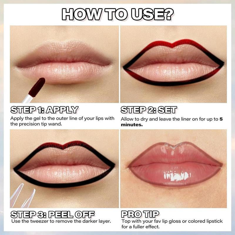 Peel off Lip Liner Tattoo, Long Lasting Peel off Lip Stain, Waterproof Semi-Permanent Lip Tint Lipstick, Highly Pigmented Matte Lip Gloss Eyeliner