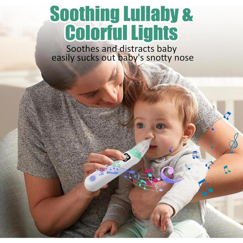 Electric Baby Nasal Aspirator, Rechargeable Nose Suction Tool with 3 Silicone Tips, Baby Nose Sucker with Pause & Music & Light Soothing Function