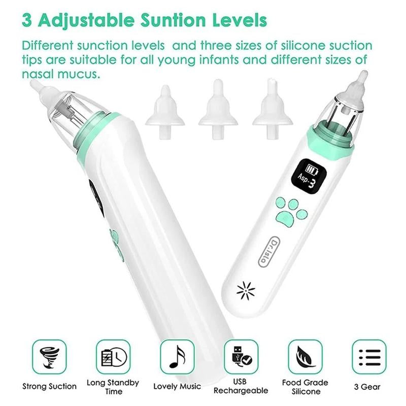 Electric Baby Nasal Aspirator, Rechargeable Nose Suction Tool with 3 Silicone Tips, Baby Nose Sucker with Pause & Music & Light Soothing Function