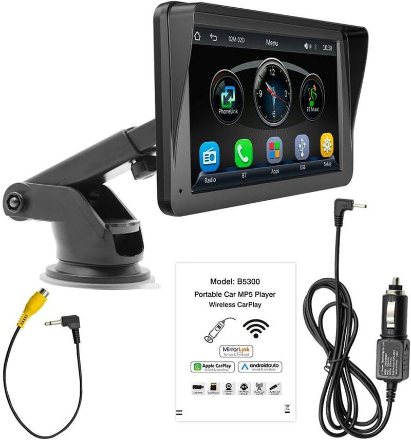 Portable Carplay Screen for Cars,Wireless Apple Carplay and Android Auto Player, 7 Inch Touch Screen Bluetooth Hands-Free/Mirror Link/Map Navigation/Voice Control/Tf Card/Aux for Cars, Trucks, Suvs