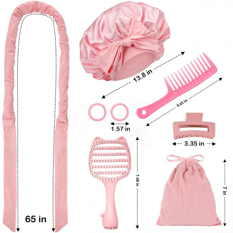 8 Sets Heatless Curls Kit with Double Layer Satin Bonnet – Hair Care Set for Sleeping, Silky Night Cap with Elastic Tie Band for Curly Hair, Includes 2 Combs