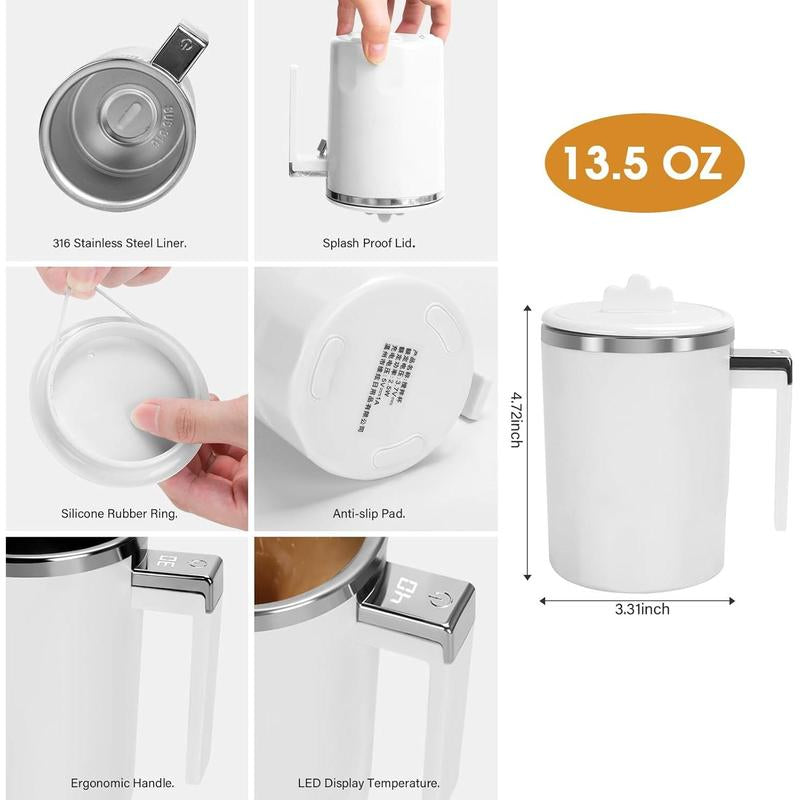 Yummy Sam Self Stirring Coffee Mug with LED Display Temperature, 13.5 Oz Rechargeable Milk Coffee Mixing Cup, Electric Automatic Cocoa Hot Chocolate Juice Mixer with Lid for Home Office (Milk White) Yummy Sam