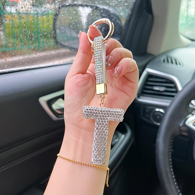 Artificial Rhinestone Letter Decor Car Keychain, Car Interior Decoration Pendant, Fashionable Car Keychain for Women & Girls, Car Decoration Accessories