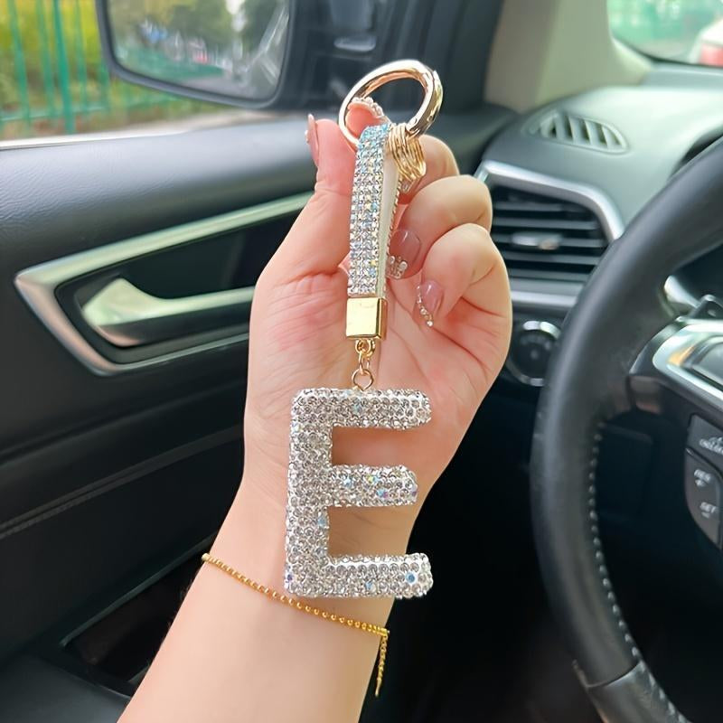 Artificial Rhinestone Letter Decor Car Keychain, Car Interior Decoration Pendant, Fashionable Car Keychain for Women & Girls, Car Decoration Accessories