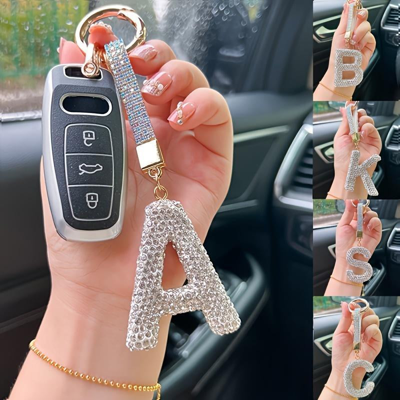 Artificial Rhinestone Letter Decor Car Keychain, Car Interior Decoration Pendant, Fashionable Car Keychain for Women & Girls, Car Decoration Accessories