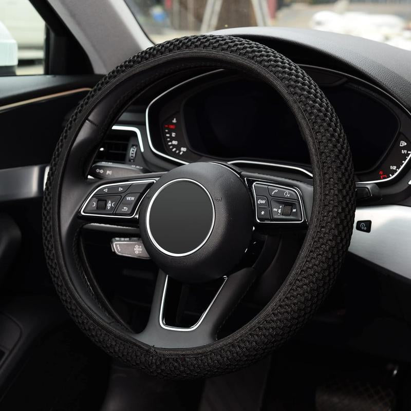 KAFEEK Elastic Stretch Steering Wheel Cover,Warm in Winter and Cool in Summer, Universal 15 Inch, Microfiber Breathable Ice Silk, Anti-Slip, Black