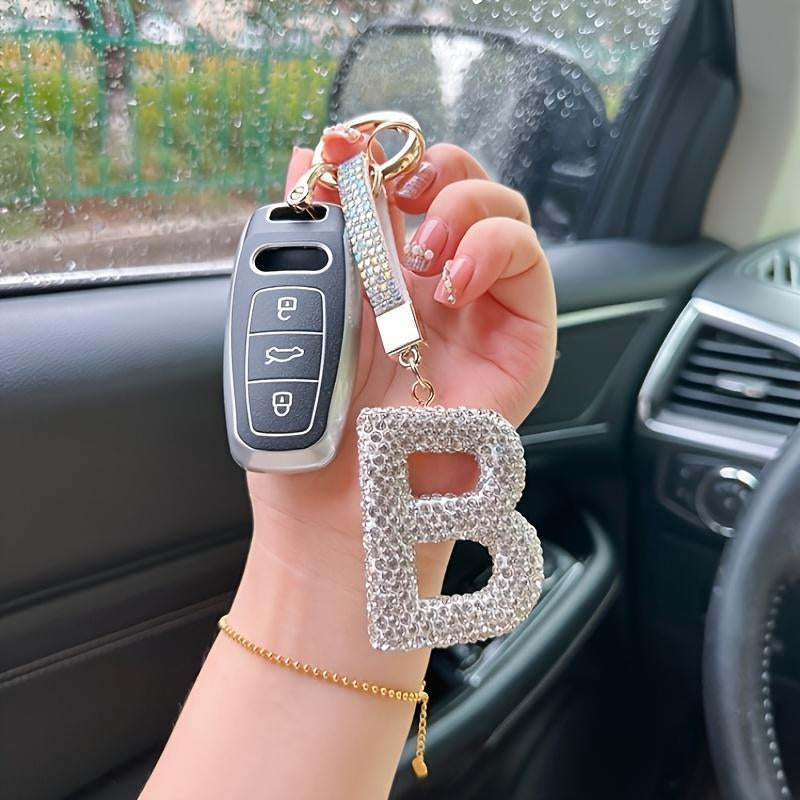 Artificial Rhinestone Letter Decor Car Keychain, Car Interior Decoration Pendant, Fashionable Car Keychain for Women & Girls, Car Decoration Accessories