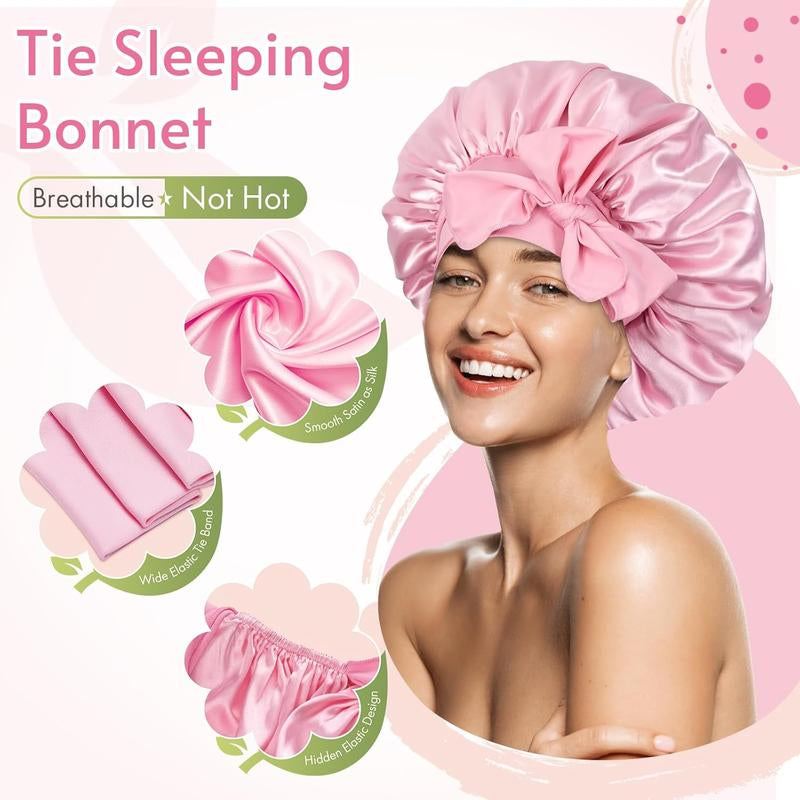 8 Sets Heatless Curls Kit with Double Layer Satin Bonnet – Hair Care Set for Sleeping, Silky Night Cap with Elastic Tie Band for Curly Hair, Includes 2 Combs
