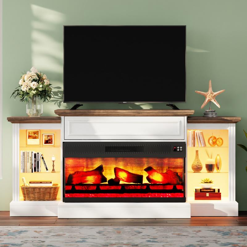 AMERLIFE 70"/60" Electric Fireplace with Mantel, Farmhouse 3-Sided Fireplace TV Stand for Tvs up to 75/65 Inch, Entertainment Center with LED Light