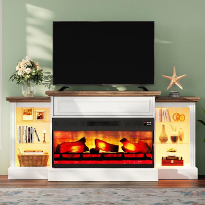 AMERLIFE 70"/60" Electric Fireplace with Mantel, Farmhouse 3-Sided Fireplace TV Stand for Tvs up to 75/65 Inch, Entertainment Center with LED Light