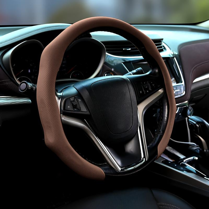 Ultra-Thin Breathable Anti-Slip Nappa Leather Steering Wheel Cover – Universal Fit for 14.5-15 Inch Wheels, Comfortable Grip, Perforated Design, Non-Slip Steering Wheel Cover