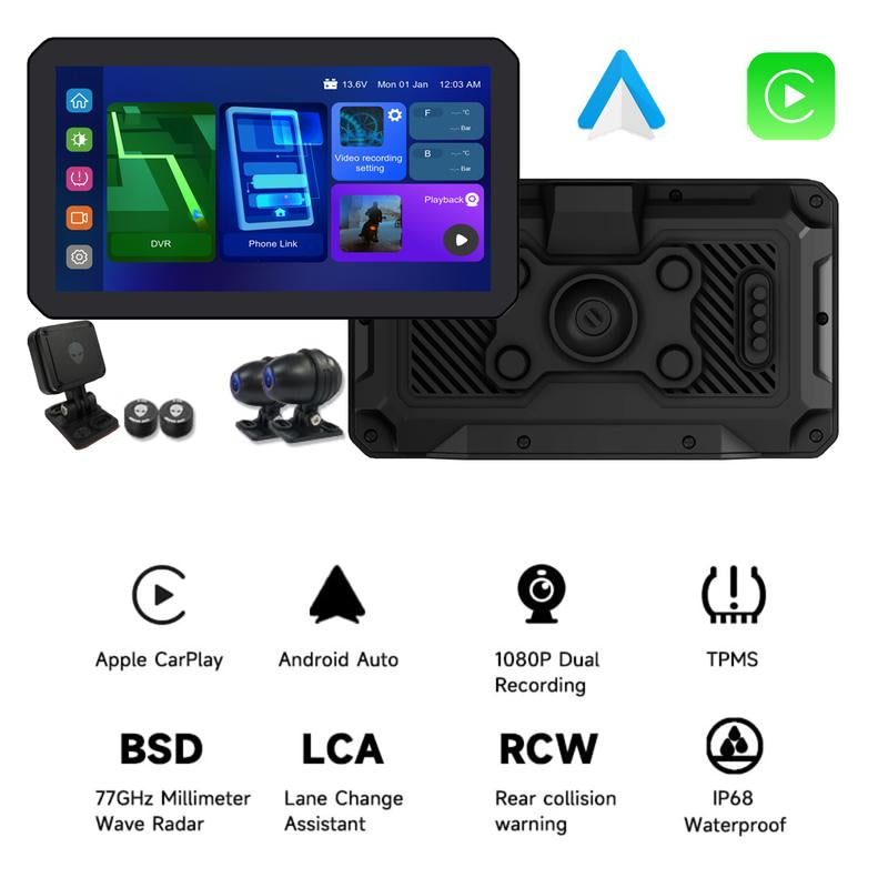 Alien Rider M12S Motorcycle Streaming Smart System,77G Millimeter-Wave Radar Blind Spot Warning,Wireless Connectivity Carplay/Android Auto,Rearview Streaming Lane Assist,1080P HD Dashcam,Tpms