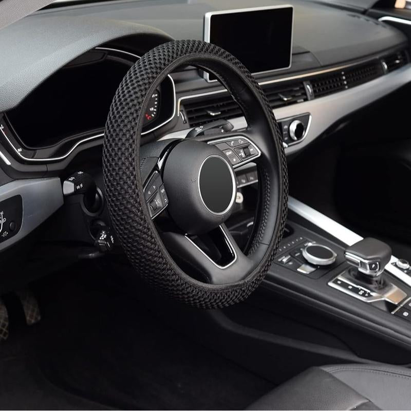 KAFEEK Elastic Stretch Steering Wheel Cover,Warm in Winter and Cool in Summer, Universal 15 Inch, Microfiber Breathable Ice Silk, Anti-Slip, Black