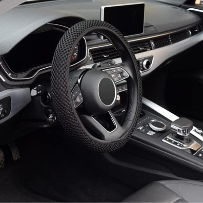 KAFEEK Elastic Stretch Steering Wheel Cover,Warm in Winter and Cool in Summer, Universal 15 Inch, Microfiber Breathable Ice Silk, Anti-Slip, Black