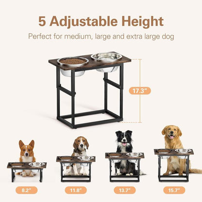 DENKEE Elevated Dog Bowls for Large Dogs, 2 Thick Stainless Steel Bowls, 2200Ml, 5 Adjustable Heights (8.2'' - 17.3''), X-Large Dog Bowls Elevated