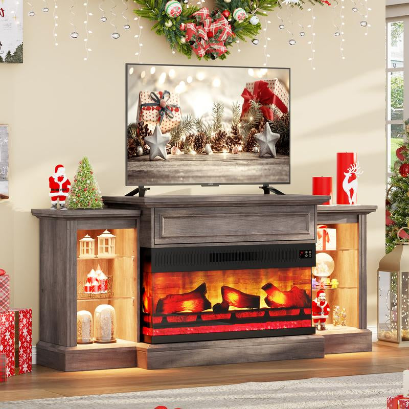 AMERLIFE 70"/60" Electric Fireplace with Mantel, Farmhouse 3-Sided Fireplace TV Stand for Tvs up to 75/65 Inch, Entertainment Center with LED Light
