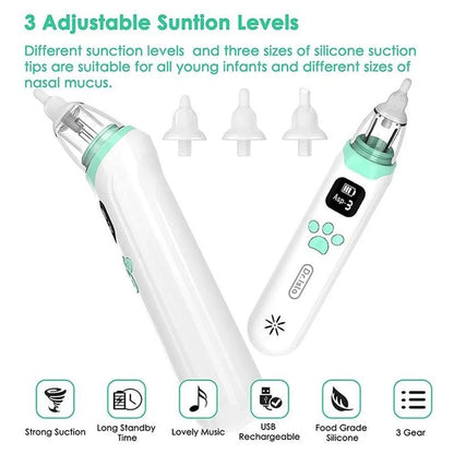 Electric Baby Nasal Aspirator, Rechargeable Nose Suction Tool with 3 Silicone Tips, Baby Nose Sucker with Pause & Music & Light Soothing Function