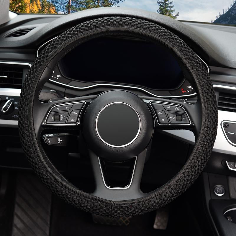 KAFEEK Elastic Stretch Steering Wheel Cover,Warm in Winter and Cool in Summer, Universal 15 Inch, Microfiber Breathable Ice Silk, Anti-Slip, Black