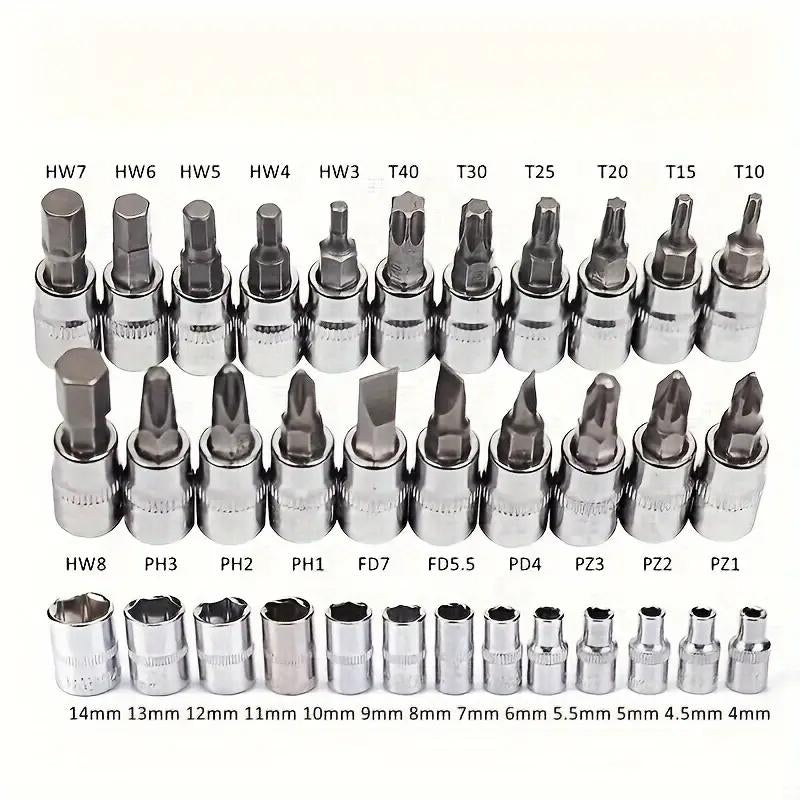 46Pcs Sleeve Set - 1/4-Inch Drive Sleeve Ratchet Wrench Set Machine Tool Kit for Automotive Repair and Home, Metric Sleeve Set with Storage Box