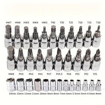 46Pcs Sleeve Set - 1/4-Inch Drive Sleeve Ratchet Wrench Set Machine Tool Kit for Automotive Repair and Home, Metric Sleeve Set with Storage Box