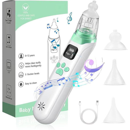 Electric Baby Nasal Aspirator, Rechargeable Nose Suction Tool with 3 Silicone Tips, Baby Nose Sucker with Pause & Music & Light Soothing Function