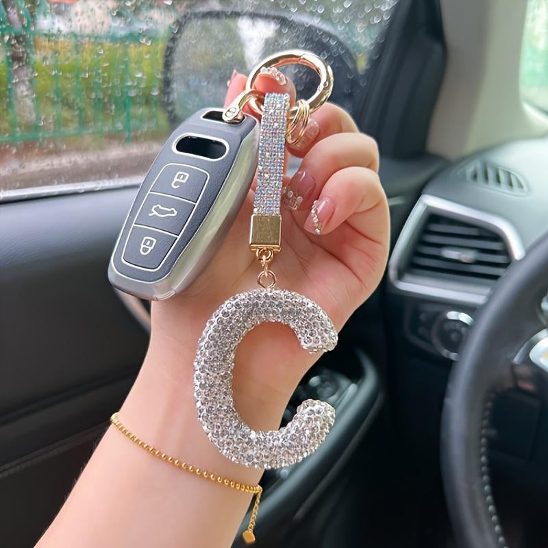 Artificial Rhinestone Letter Decor Car Keychain, Car Interior Decoration Pendant, Fashionable Car Keychain for Women & Girls, Car Decoration Accessories