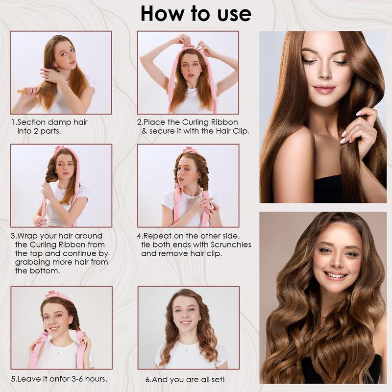 8 Sets Heatless Curls Kit with Double Layer Satin Bonnet – Hair Care Set for Sleeping, Silky Night Cap with Elastic Tie Band for Curly Hair, Includes 2 Combs