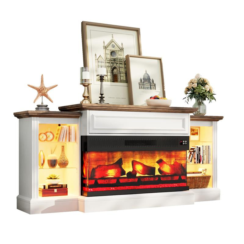 AMERLIFE 70"/60" Electric Fireplace with Mantel, Farmhouse 3-Sided Fireplace TV Stand for Tvs up to 75/65 Inch, Entertainment Center with LED Light
