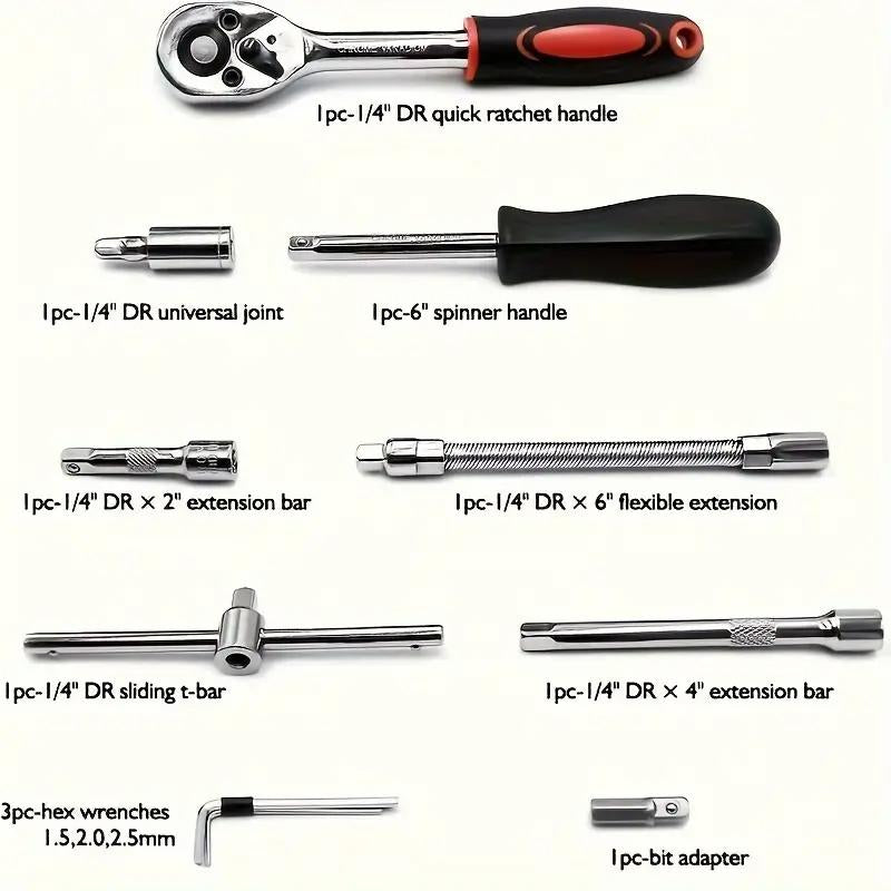 46Pcs Sleeve Set - 1/4-Inch Drive Sleeve Ratchet Wrench Set Machine Tool Kit for Automotive Repair and Home, Metric Sleeve Set with Storage Box