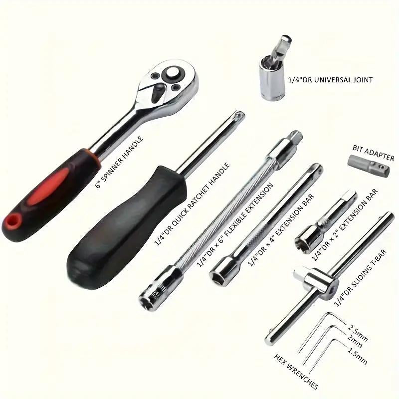 46Pcs Sleeve Set - 1/4-Inch Drive Sleeve Ratchet Wrench Set Machine Tool Kit for Automotive Repair and Home, Metric Sleeve Set with Storage Box
