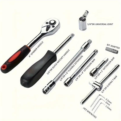 46Pcs Sleeve Set - 1/4-Inch Drive Sleeve Ratchet Wrench Set Machine Tool Kit for Automotive Repair and Home, Metric Sleeve Set with Storage Box