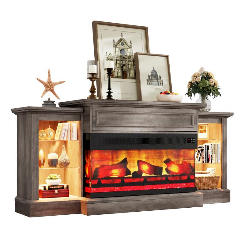 AMERLIFE 70"/60" Electric Fireplace with Mantel, Farmhouse 3-Sided Fireplace TV Stand for Tvs up to 75/65 Inch, Entertainment Center with LED Light
