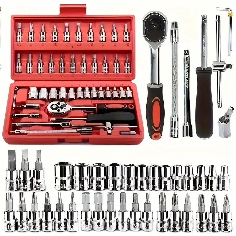 46Pcs Sleeve Set - 1/4-Inch Drive Sleeve Ratchet Wrench Set Machine Tool Kit for Automotive Repair and Home, Metric Sleeve Set with Storage Box