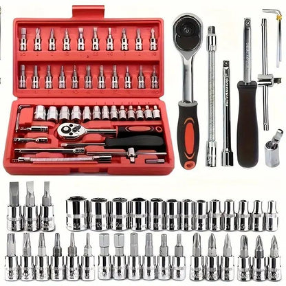 46Pcs Sleeve Set - 1/4-Inch Drive Sleeve Ratchet Wrench Set Machine Tool Kit for Automotive Repair and Home, Metric Sleeve Set with Storage Box