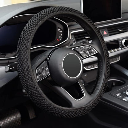 KAFEEK Elastic Stretch Steering Wheel Cover,Warm in Winter and Cool in Summer, Universal 15 Inch, Microfiber Breathable Ice Silk, Anti-Slip, Black